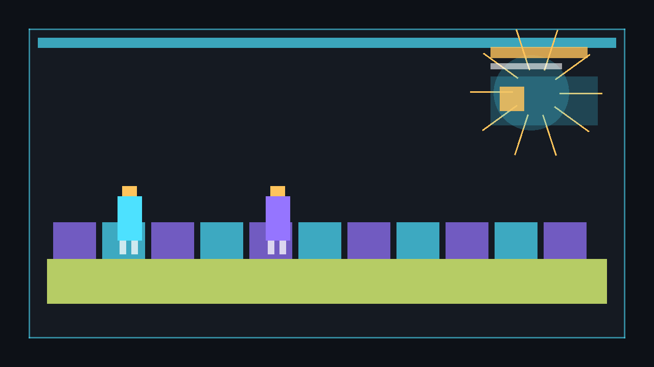Screenshot of a coloured tile grid world with an orange player square and camera-centred view