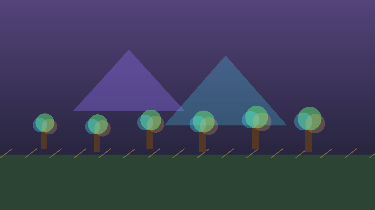 A 3D landscape showing a heightmap terrain with trees and a sunset skybox