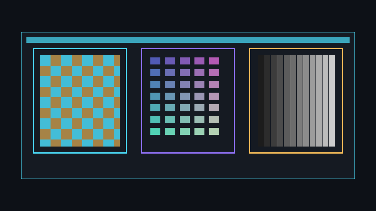 Three G-buffer textures side by side: albedo colour, world-space normals as colours, and linear depth